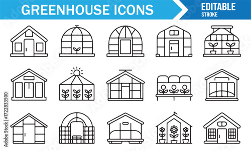 Greenhouse icons editable stroke outline vector set for gardening and farming