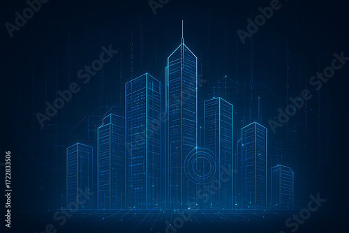 Modern skyscrapers with glowing blue digital overlay. 
