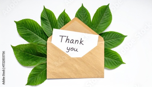 Open craft envelope displaying 'Thank you' note, surrounded by vibrant green leaves on a stark white background