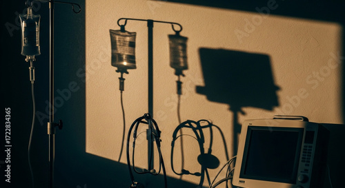 Medical IV bags and equipment in a dimly lit hospital room, casting long shadows.