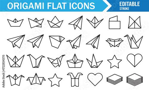 Japanese origami art icons pack flat line style paper folding illustrations