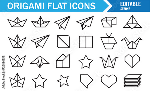 Origami airplane, crane, heart, and star icons collection minimal vector