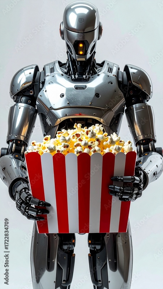 Naklejka premium Advanced Robot Enjoys Movie Night with Popcorn Bucket, Generated image