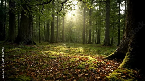 Gentle push-in shot to a secluded, remote forest clearing with dappled sunlight filtering through the dense canopy, evoking peace and hidden tranquility clearing, wilderness, spiritual