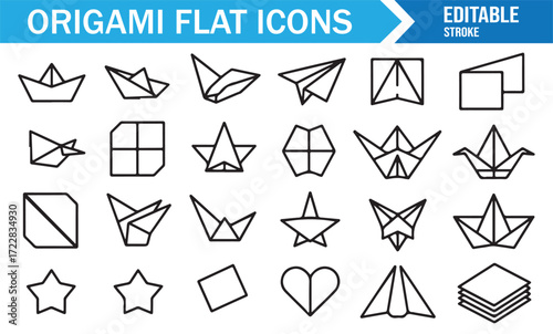 Decorative origami paper art icons editable stroke vector graphic set