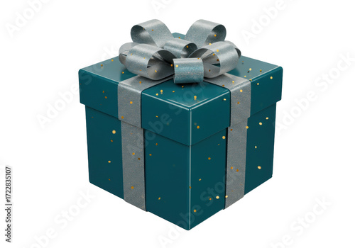 Isolated teal gift with silver ribbon and bow for Christmas or birthday present giving