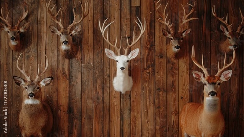 A Display of Taxidermy Deer Heads on Wooden Wall, Showcasing Natural Beauty and Wildlife Preservation Techniques