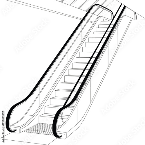 Escalator design illustration, modern moving stairs, shopping mall escalator, transport facility drawing, architecture element vector, cad drawing flat vector illustration