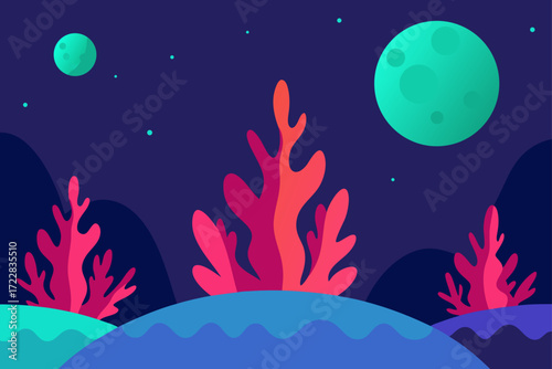 Vibrant alien coral reef under a starry night sky with two glowing moons