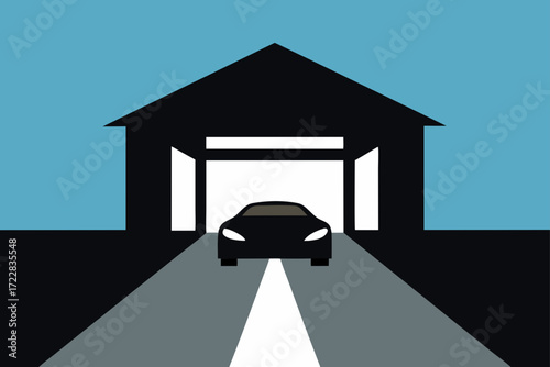 Black car driving into a dark garage with bright light coming from the opening