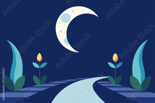 A whimsical crescent moon shines over a magical pathway through a serene garden at night