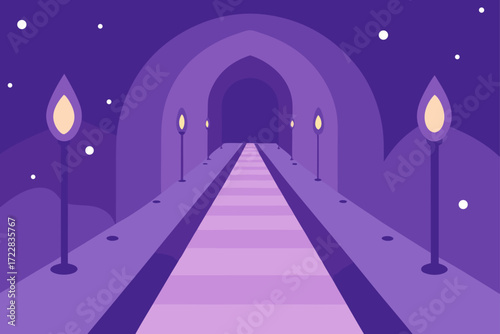 Enchanting purple arched walkway with glowing lamps and starry night sky background