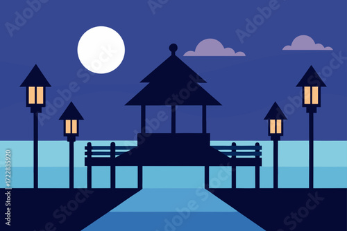 Serene night scene with a silhouetted pier pavilion glowing lanterns and a full moon over calm water