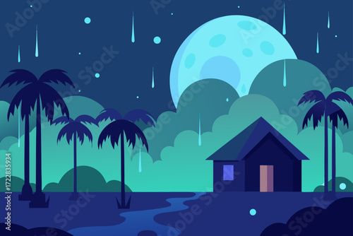 Serene tropical night with a full moon rain palm trees and a small house