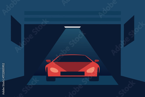 Modern red sports car parked inside a dark garage illuminated by a single overhead light