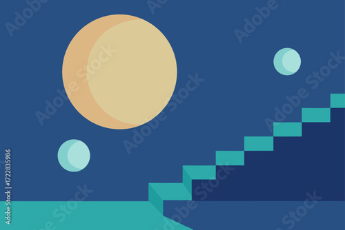 Abstract geometric landscape with a large moon smaller planets and a staircase leading upwards