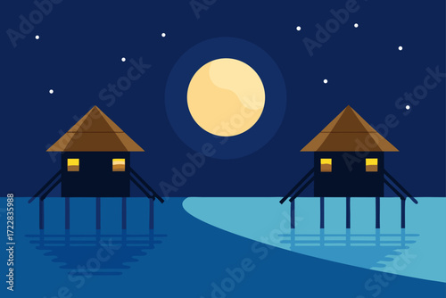 Two stilted huts illuminated by a full moon and stars on a calm night over the ocean