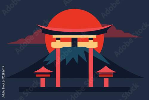 Stylized japanese torii gate and mount fuji with a red sun and clouds