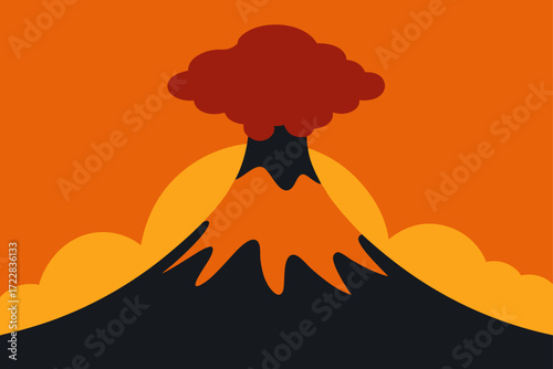Stylized illustration of a volcano erupting with red smoke and lava against an orange sky background