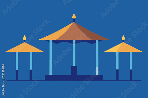 Stylized illustration of three golden pagodas with blue accents against a deep blue background