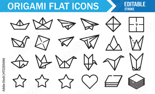 Origami paper folding icons editable stroke outline vector collection set