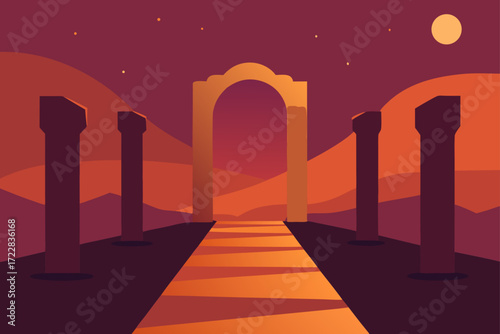 Ancient ruins with pillars and an archway leading to a glowing portal under a starry night sky