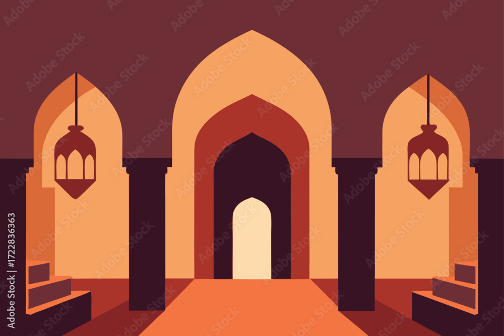 Fototapeta premium Abstract islamic architecture with arches lanterns and warm color palette creating a serene atmosphere