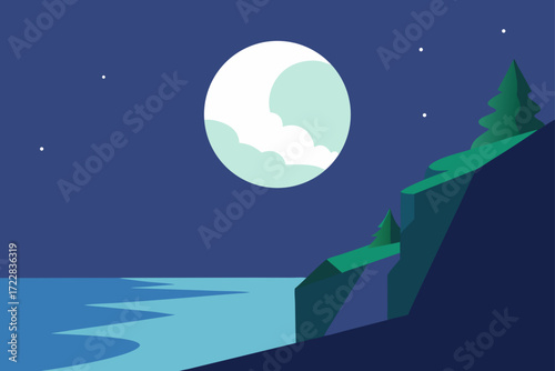 Serene night landscape with a large moon over the ocean and a rocky cliff with trees
