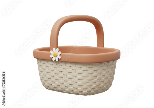 Isolated woven basket with handle and daisy decoration for carrying eggs or flowers, spring
