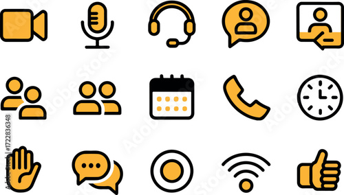 Golden communication icons representing video calls audio settings and online meetings for modern digital connection and collaboration tools