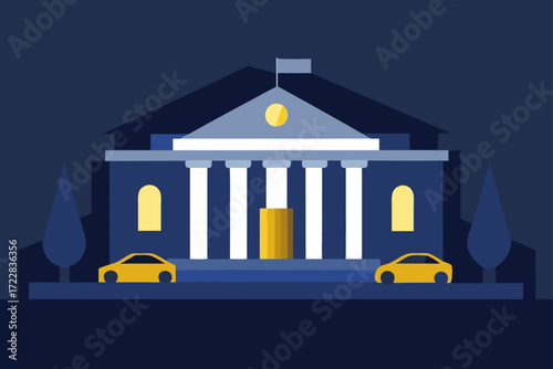 Stylized flat design of a government building with columns and cars at night