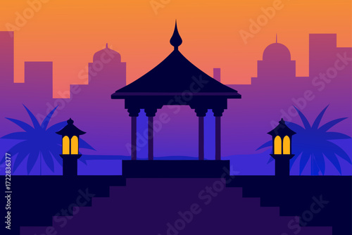 Serene silhouette of a gazebo and lanterns against a gradient sunset sky with city skyline