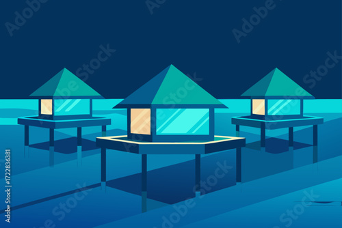 Three modern geometric bungalows on stilts over calm water at night with soft interior lights