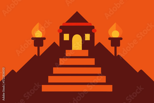 Mysterious ancient temple entrance with flaming torches and mountain backdrop in flat design style