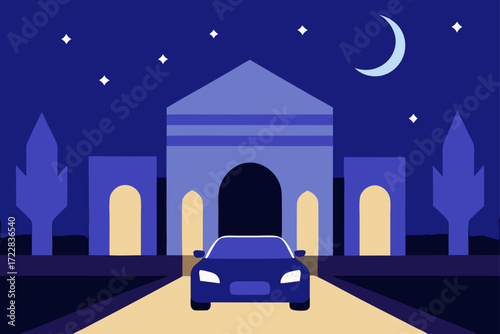 A sleek blue car drives towards a grand illuminated building at night under a starry sky and crescent moon