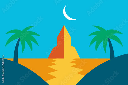 Stylized desert landscape with palm trees a crescent moon and a pyramid reflecting in water