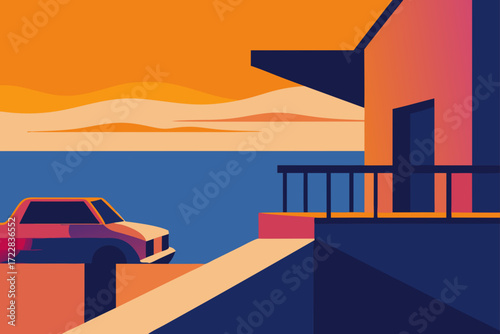 Stylized illustration of a car parked near a modern building overlooking a serene ocean at sunset