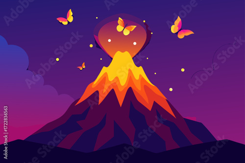 Vibrant illustration of a glowing volcano erupting with butterflies and stars against a purple sky