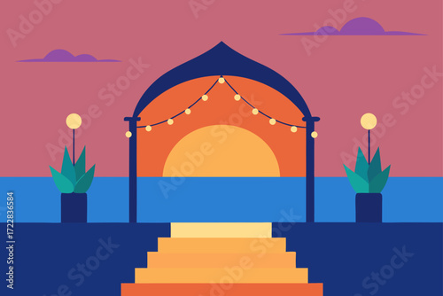 Flat design illustration of a sunset over the ocean viewed through an archway with string lights and plants