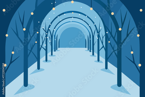 Enchanting winter tunnel of trees adorned with glowing lights and snow covered path