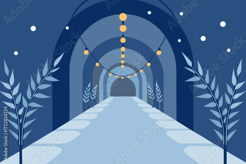 Enchanting blue tunnel with hanging lights and decorative plants leading to a distant opening