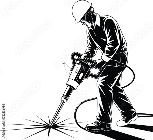 Vector illustration of construction worker wearing safety helmet operating jackhammer machine for breaking ground, representing repair, demolition, industrial, and building work.