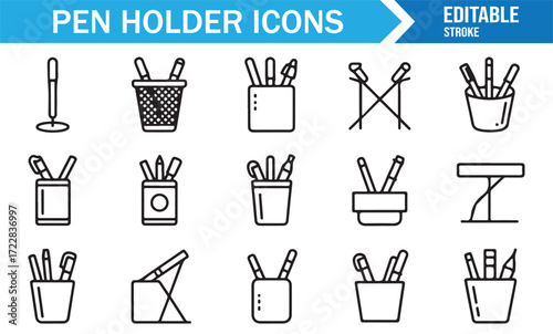 Stationary container pen holder symbols collection outline vector style