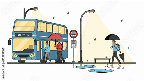 Rainy Day Commute People Boarding a Bus at a Bus Stop