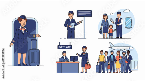 Vector illustration set showing friendly airline crew members assisting diverse passengers throughout the airport journey
