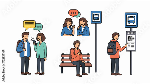 Modern communication and transportation scenarios with people using mobile devices at a bus stop