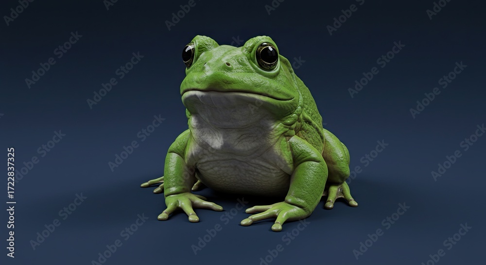 Obraz premium A realistic, digitally rendered green frog sitting upright and looking forward against a dark blue background.