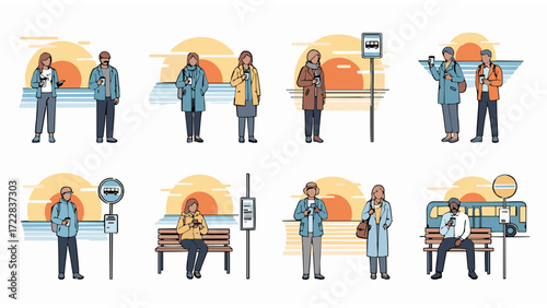 Diverse group of people absorbed by their smartphones while waiting at a bus stop. Vector illustration set depicting modern urban life and public transportation