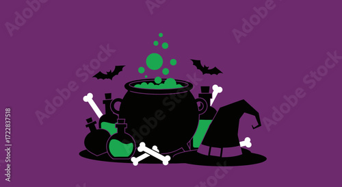 Halloween cauldron bubbling with potion, surrounded by bones, bottles, and a witch's hat.