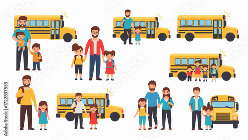 Children and Parents Boarding School Buses Vector Illustration Set for Education Concepts